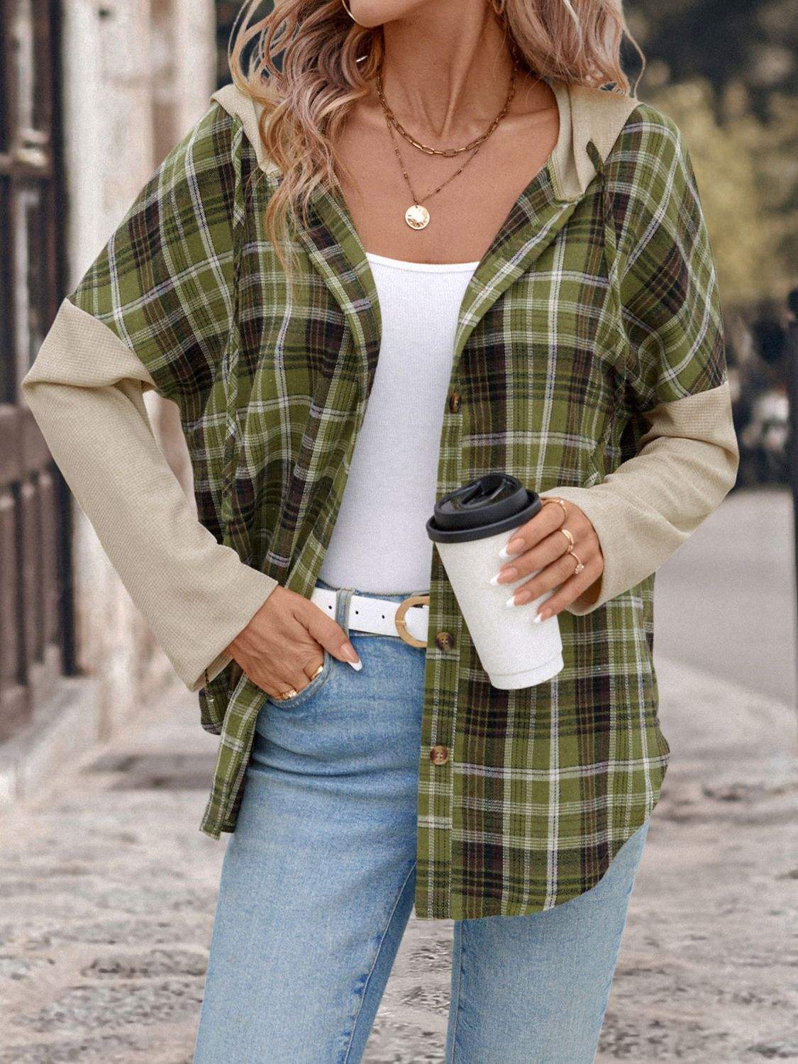 Perfee Drawstring Plaid Long Sleeve Hooded Shirt - Trendsi - Flyclothing LLC