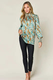 Double Take Full Size Printed Smocked Long Sleeve Blouse - Trendsi - Flyclothing LLC