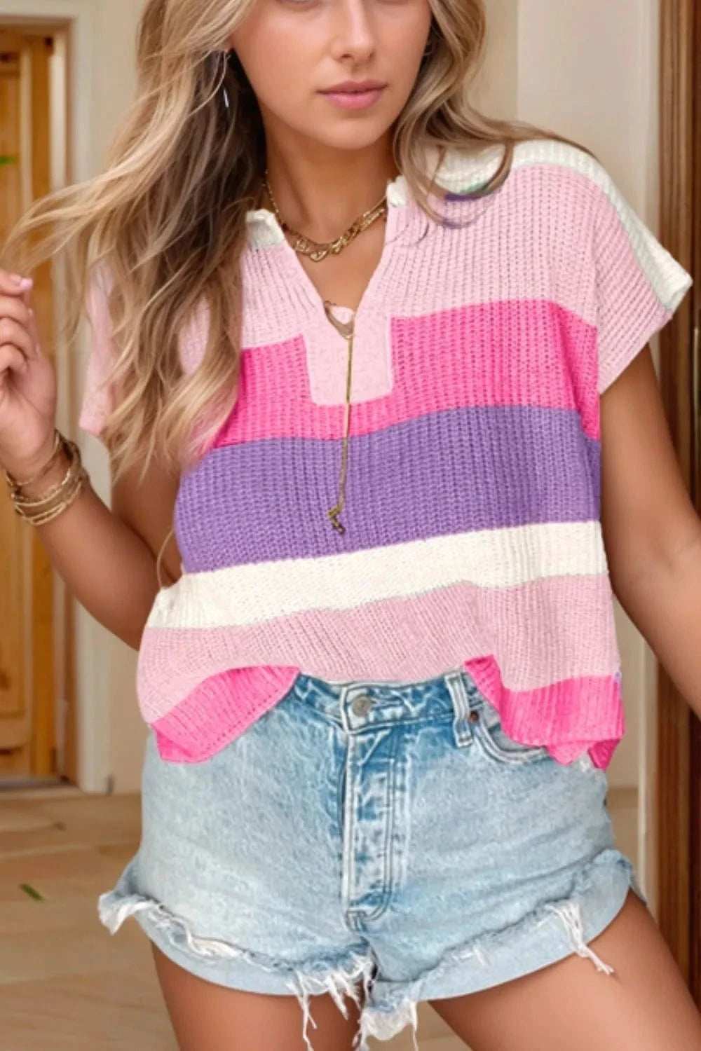 Color Block Notched Short Sleeve Knit Top - Trendsi - Flyclothing LLC