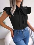 Ruffled Tie Neck Cap Sleeve Blouse - Trendsi - Flyclothing LLC