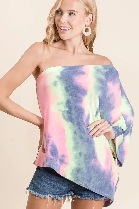 BiBi Tie Dye French Terry One Shoulder Top with Dolman - Trendsi - Flyclothing LLC