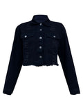 Distressed Collared Neck Long Sleeve Denim Top - Trendsi