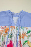 Floral Striped Yoke Frilled Tie Neck Puff Short Sleeve Blouse - Trendsi - Flyclothing LLC