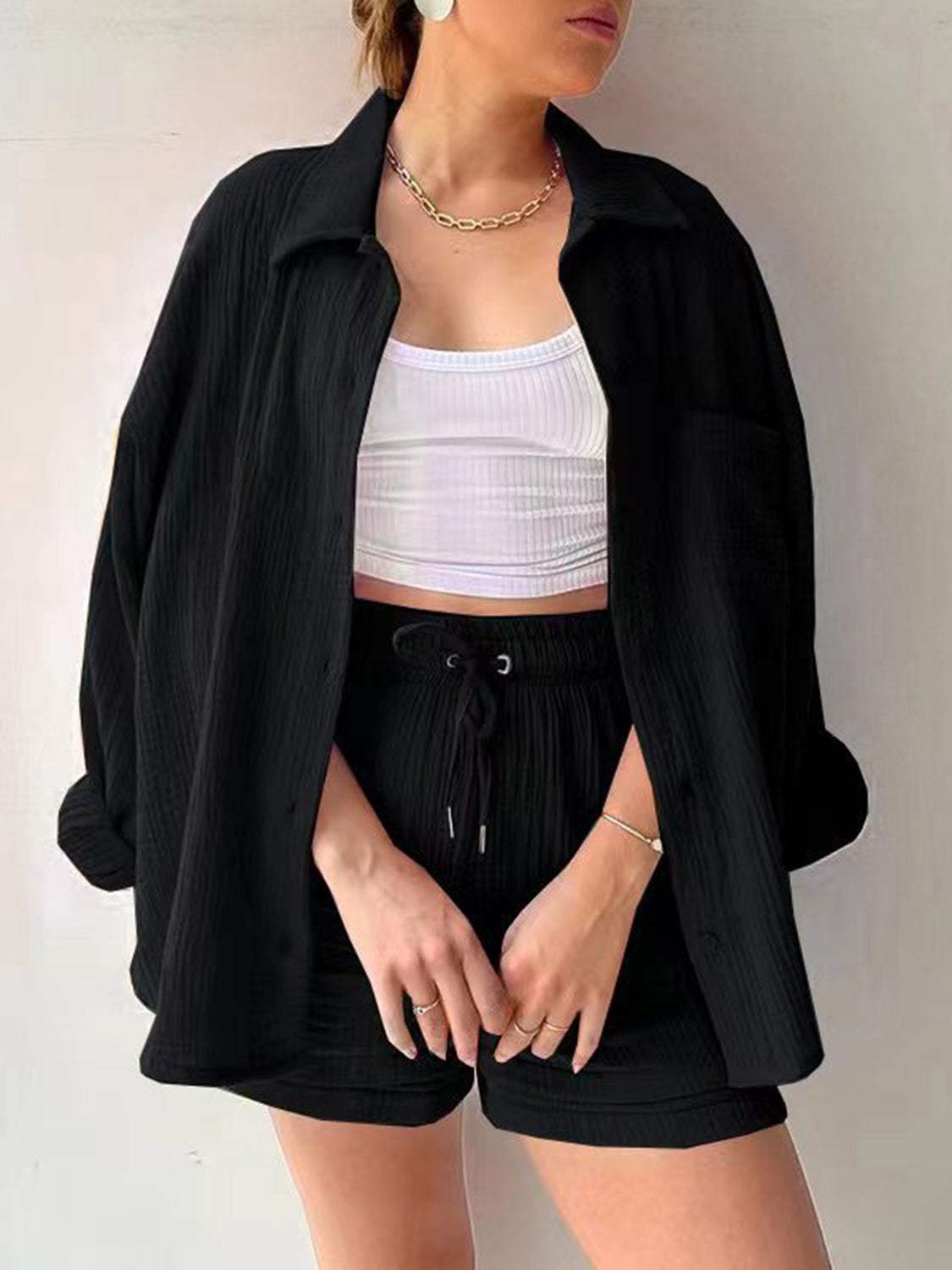 Texture Button Up Shirt and Drawstring Shorts Set - Trendsi - Flyclothing LLC