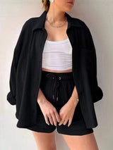 Texture Button Up Shirt and Drawstring Shorts Set - Trendsi - Flyclothing LLC