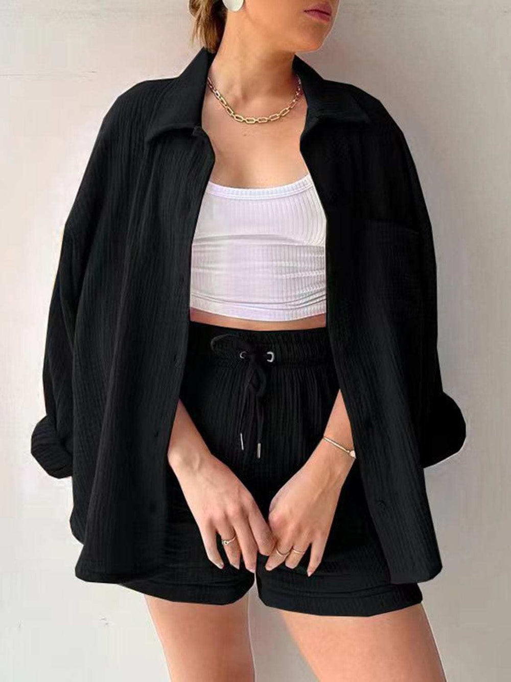 Texture Button Up Shirt and Drawstring Shorts Set - Trendsi - Flyclothing LLC