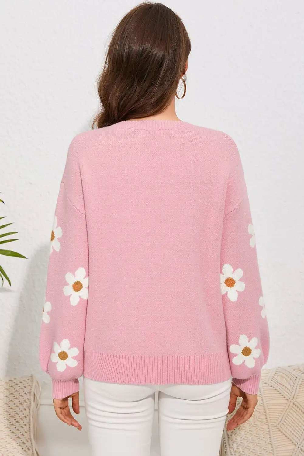 Flower Round Neck Dropped Shoulder Sweater - Trendsi - Flyclothing LLC