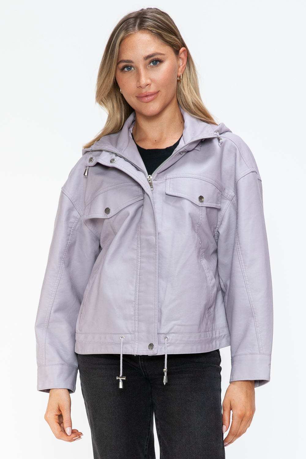 How Dare U Drawstring Hem PU Leather Zip Up Jacket - Trendsi - Flyclothing LLC