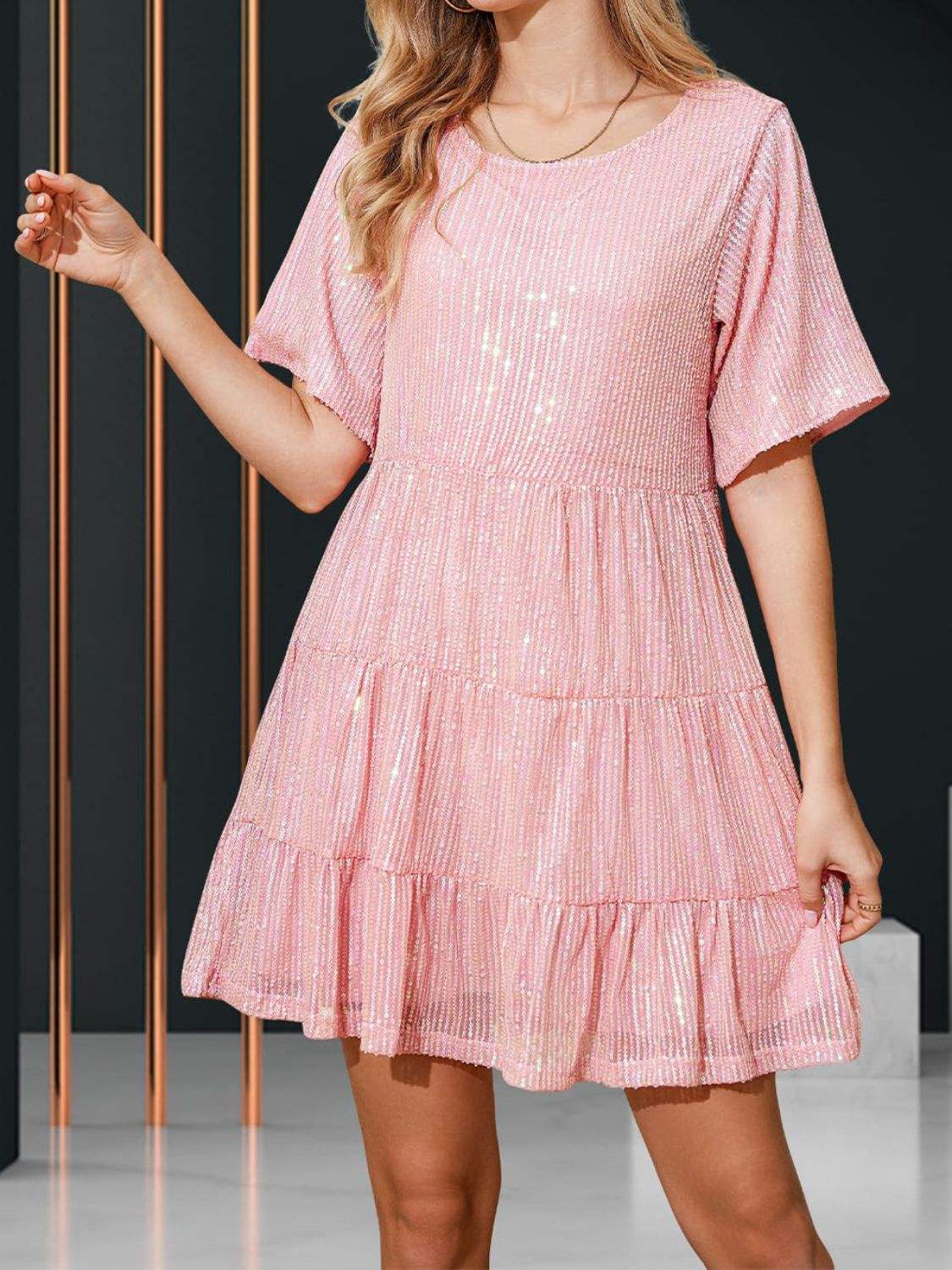 Sequin Round Neck Half Sleeve Mini Dress - Trendsi - Flyclothing LLC