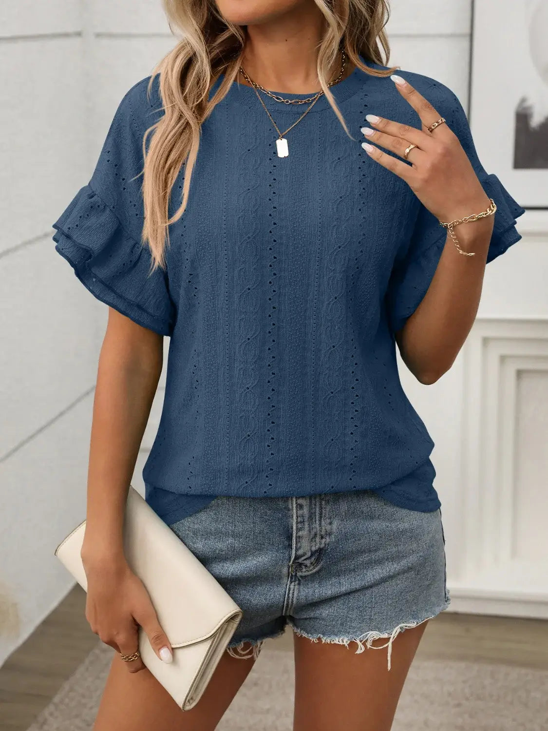 Eyelet Round Neck Flounce Sleeve Top - Trendsi - Flyclothing LLC
