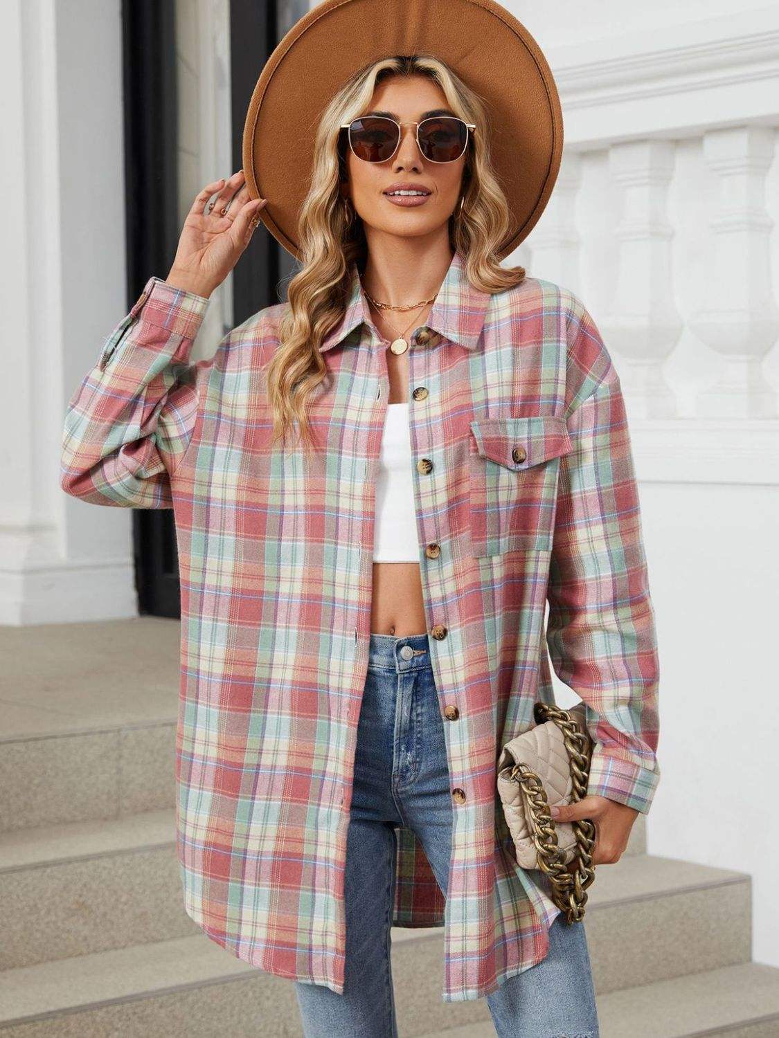 Plaid Collared Neck Long Sleeve Shirt - Trendsi - Flyclothing LLC