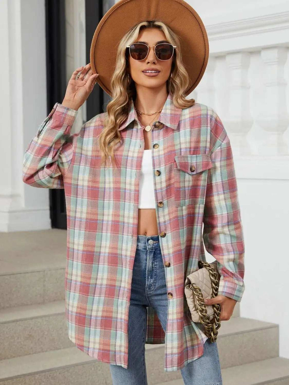 Plaid Collared Neck Long Sleeve Shirt - Trendsi - Flyclothing LLC