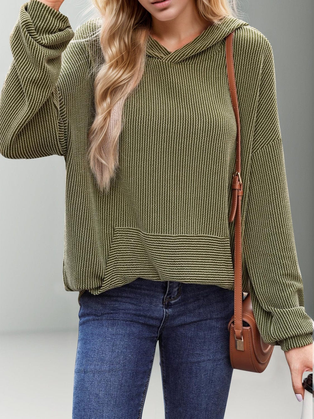 Double Take Textured Kangaroo Pocket Long Sleeve Hoodie - Trendsi