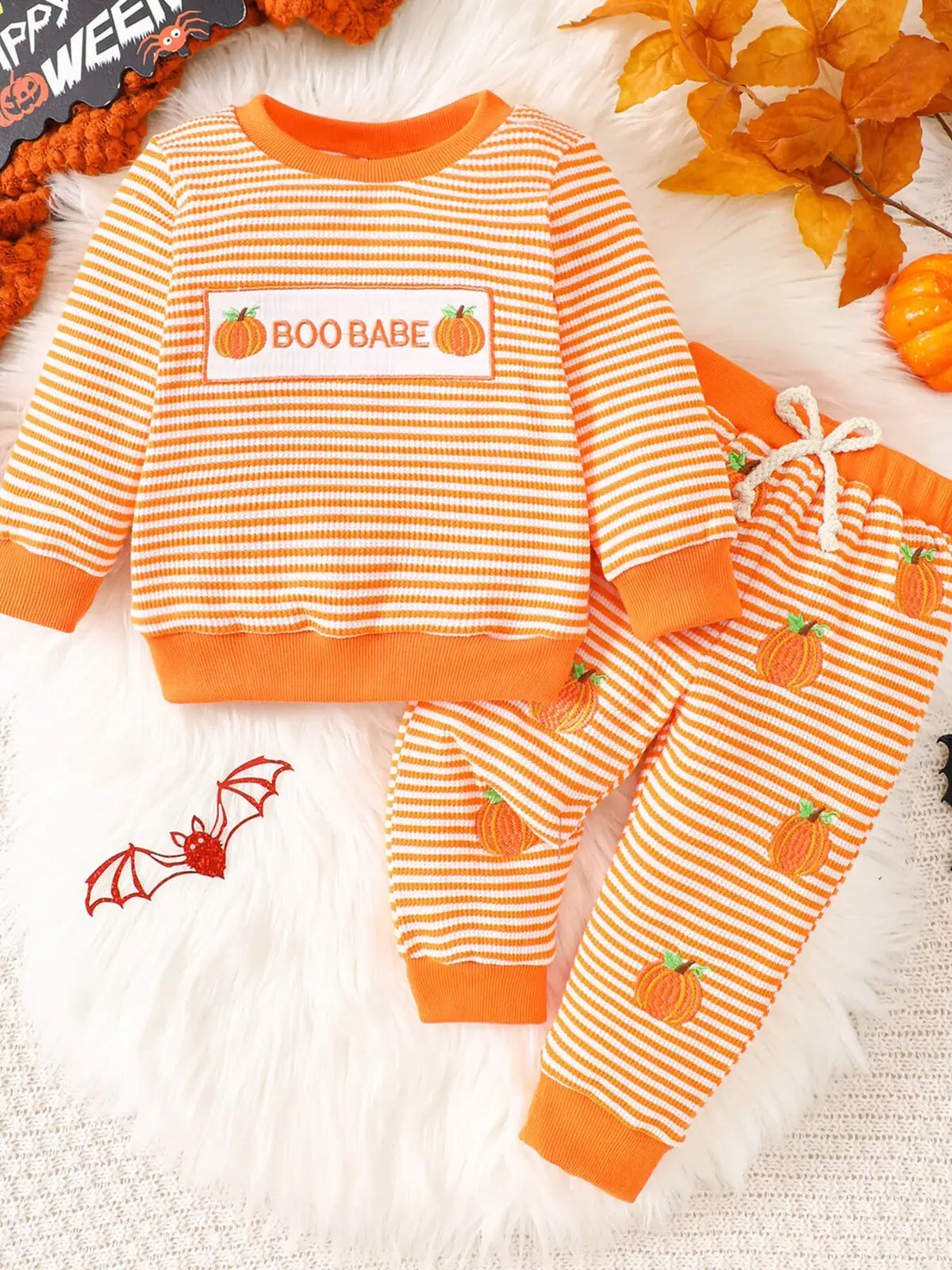 Children's Halloween Pumpkin Striped Long Sleeve Pajama Set - Trendsi - Flyclothing LLC