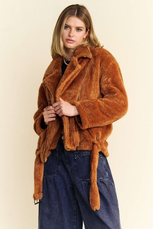 Davi & Dani Fuzzy Zip Up Collared Neck Jacket - Trendsi