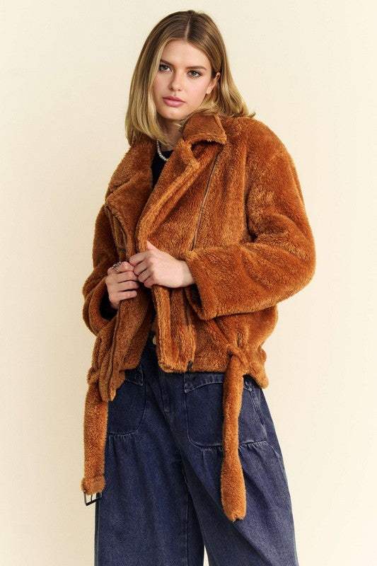 Davi & Dani Fuzzy Zip Up Collared Neck Jacket - Trendsi - Flyclothing LLC