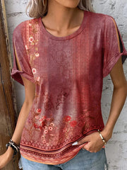 Printed Round Neck Short Sleeve T-Shirt - Trendsi