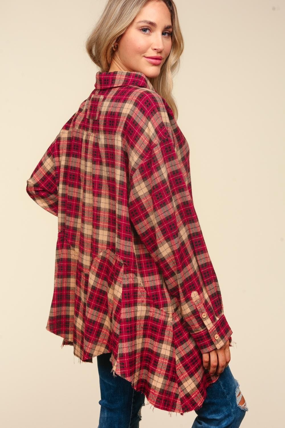Haptics Plaid Button Down Sharkbite Shirt - Trendsi