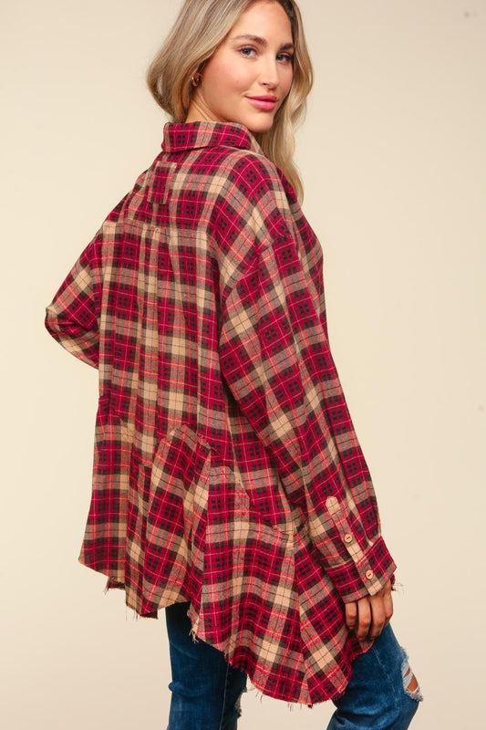 Haptics Plaid Button Down Sharkbite Shirt - Trendsi