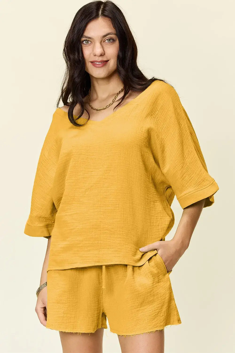 Double Take Texture Half Sleeve T-Shirt and Drawstring Shorts Set - Trendsi - Flyclothing LLC