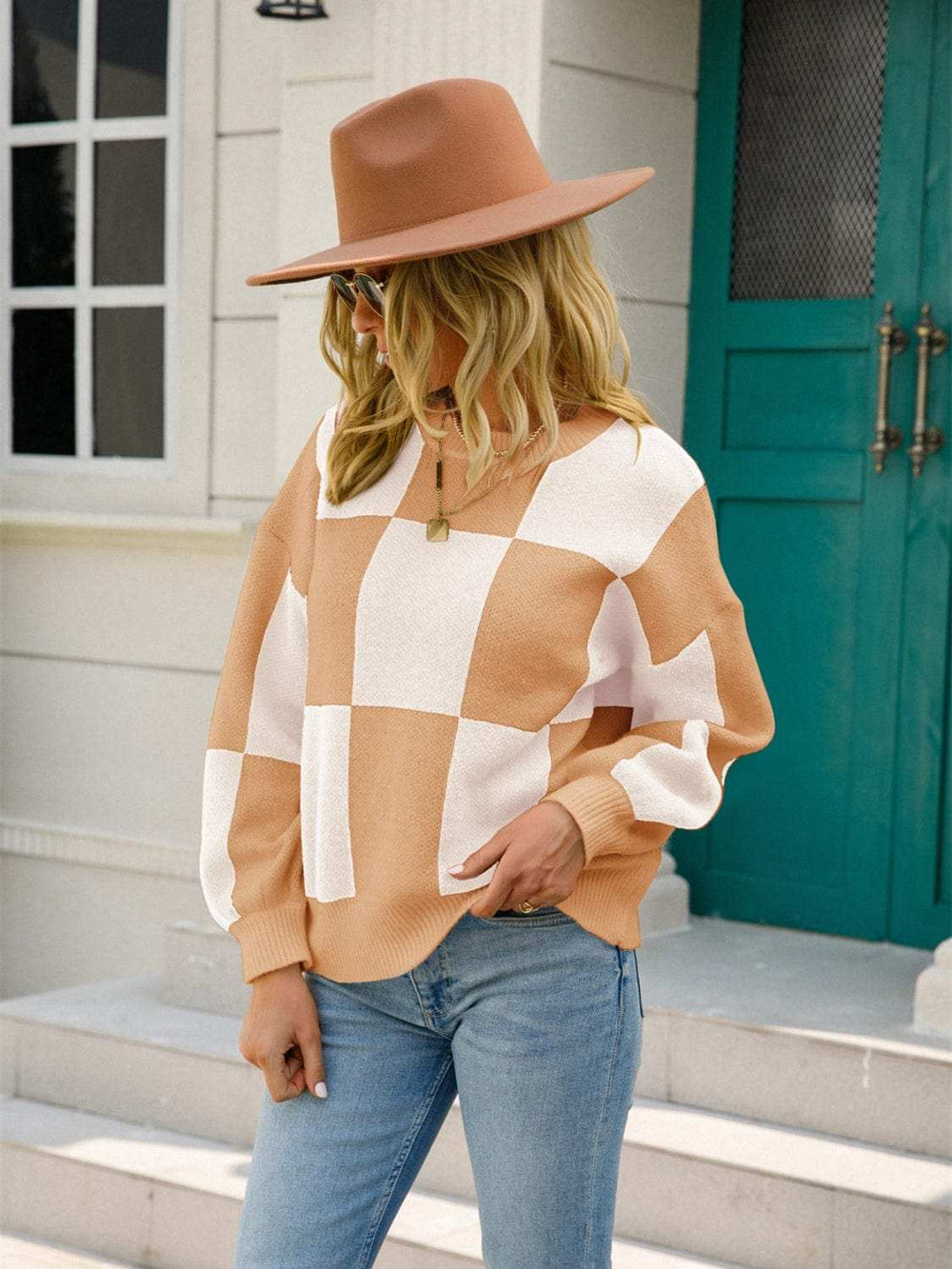 Angel Wings Checkered Round Neck Dropped Shoulder Sweater - Trendsi - Flyclothing LLC