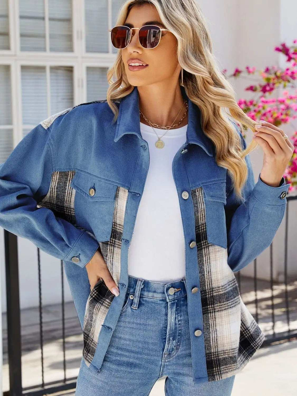 Plaid Button Up Long Sleeve Denim Jacket - Trendsi - Flyclothing LLC