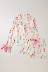Bow Printed Collared Neck Top and Drawstring Shorts Lounge Set - Trendsi - Flyclothing LLC