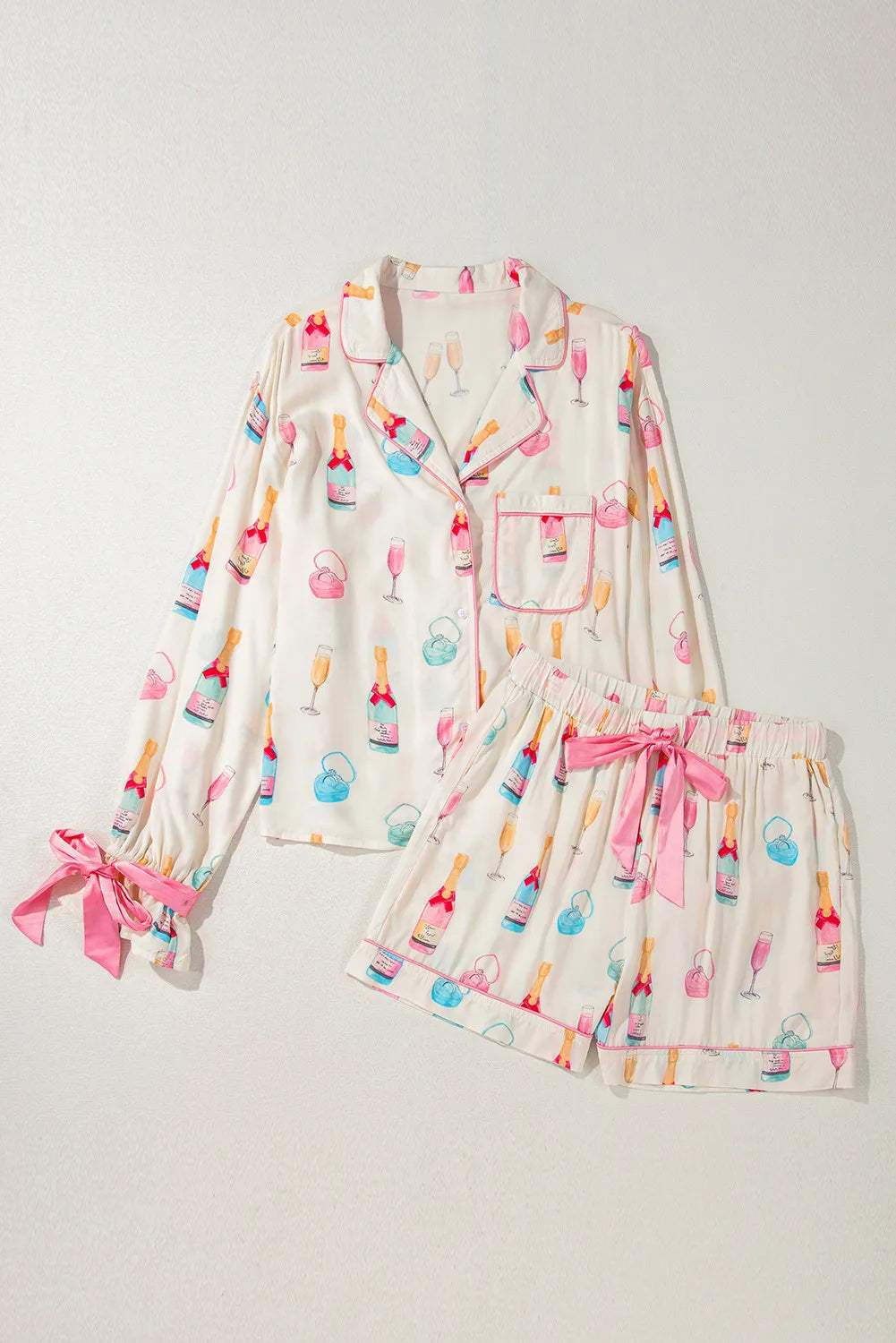 Bow Printed Collared Neck Top and Drawstring Shorts Lounge Set - Trendsi - Flyclothing LLC