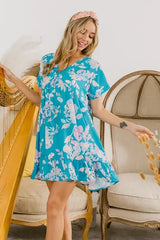 BiBi Floral Crinkle Shirred Ruffle Detail V Neck Dress - Trendsi - Flyclothing LLC