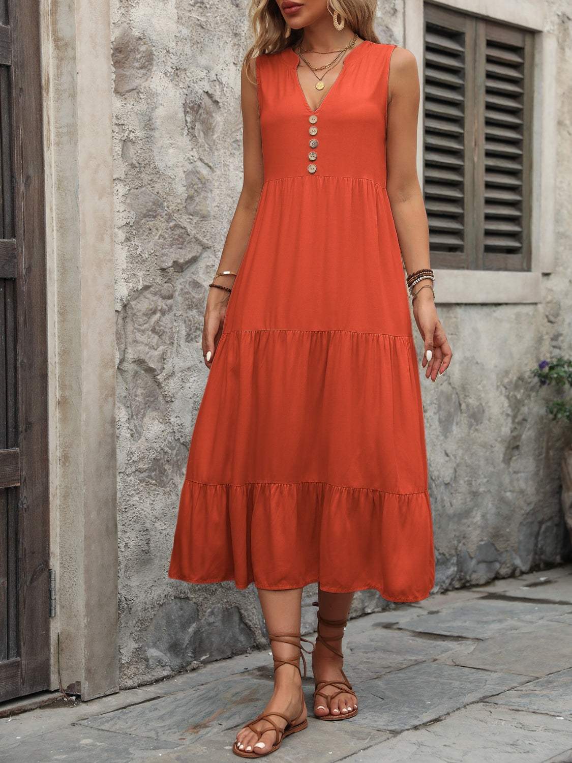 Decorative Button Notched Sleeveless Dress - Trendsi - Flyclothing LLC