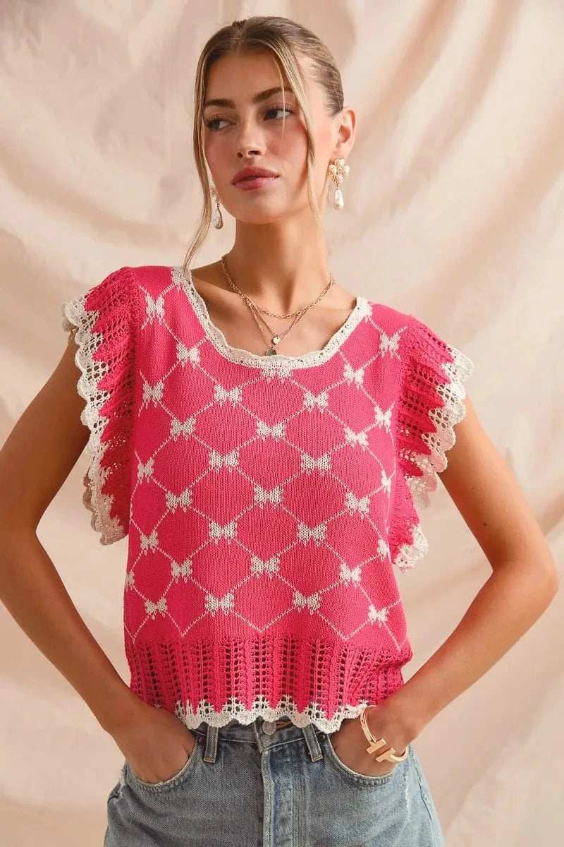 SO ME Bow Ribbon Pattern Sweater Top with Back Key Hole - Trendsi - Flyclothing LLC