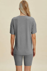 Basic Bae Full Size Ribbed V-Neck Short Sleeve Top and Shorts Set - Trendsi - Flyclothing LLC