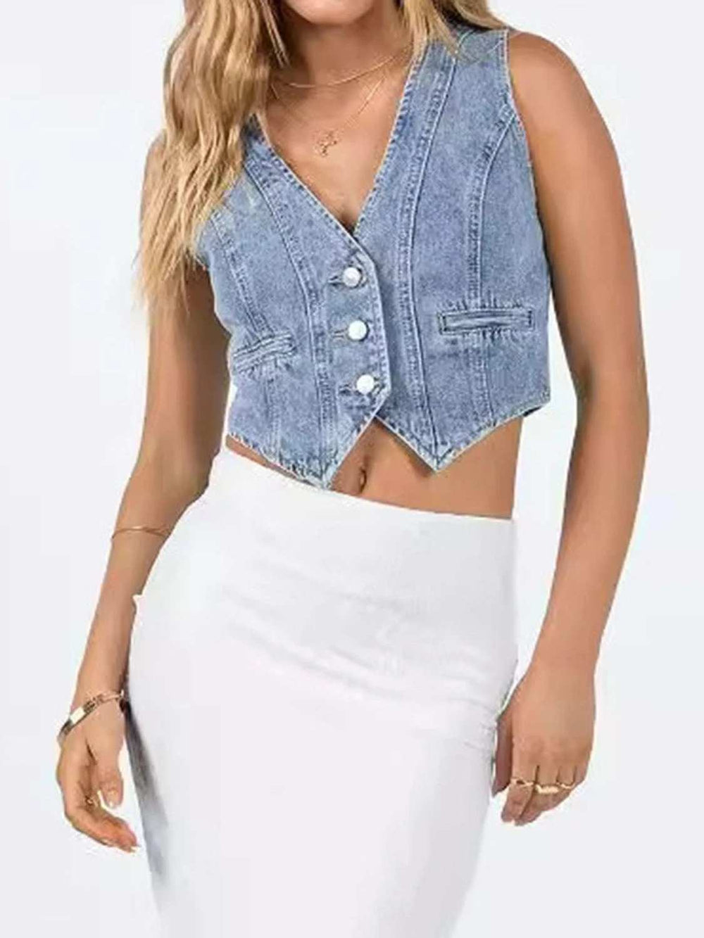 Button Up Sleeveless Denim Top - Trendsi - Flyclothing LLC