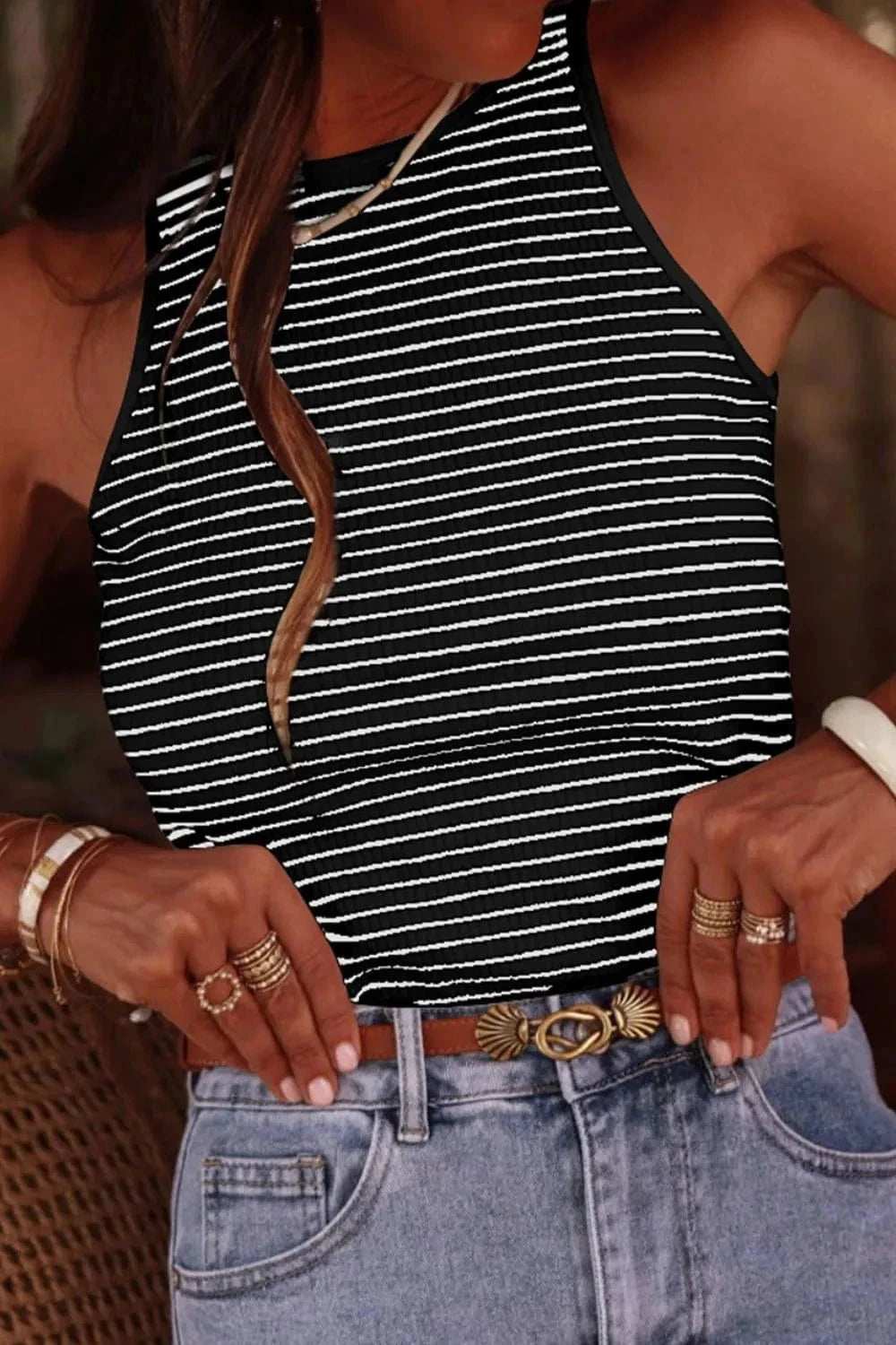 Striped Ribbed Round Neck Tank - Trendsi - Flyclothing LLC