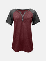 Contrast Notched Short Sleeve T-Shirt - Trendsi - Flyclothing LLC