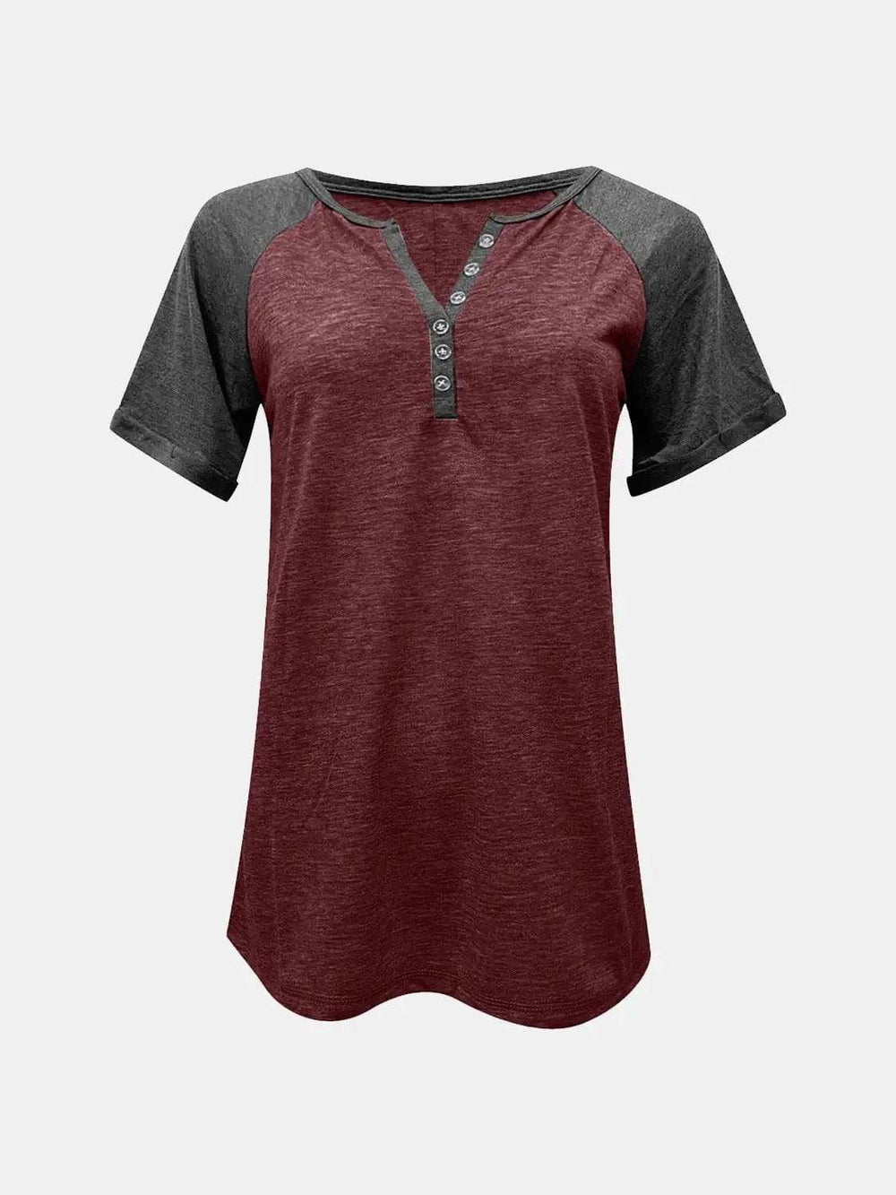 Contrast Notched Short Sleeve T-Shirt - Trendsi - Flyclothing LLC