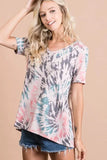 BiBi Tie Dye Print Terry Deep U Neck Top - Trendsi - Flyclothing LLC