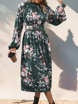 Ruched Printed Mock Neck Long Sleeve Midi Dress - Trendsi - Flyclothing LLC