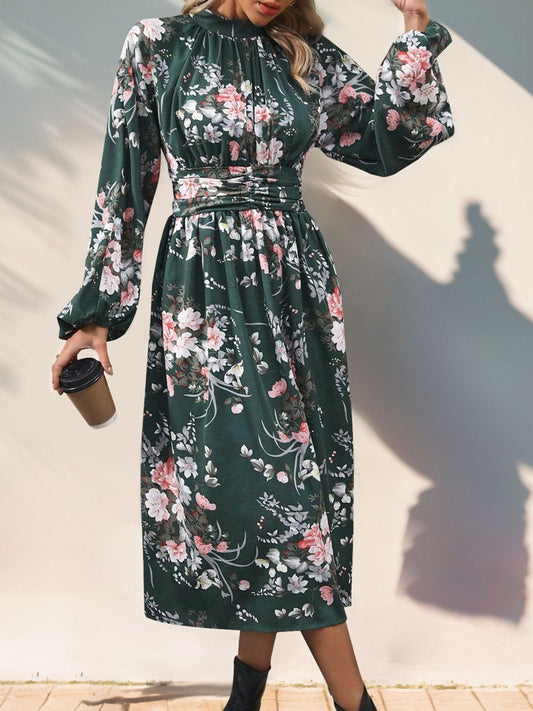 Ruched Printed Mock Neck Long Sleeve Midi Dress - Trendsi