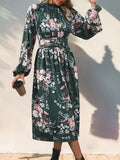 Ruched Printed Mock Neck Long Sleeve Midi Dress - Trendsi