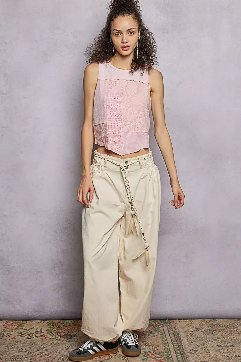POL Ribbed Round Neck Cropped Tank with Lace Detail - Trendsi - Flyclothing LLC