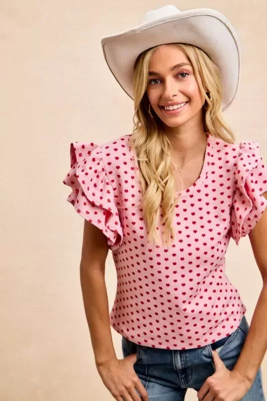 BiBi Heart Patterned Knit Ruffled Sleeves Top - Trendsi - Flyclothing LLC