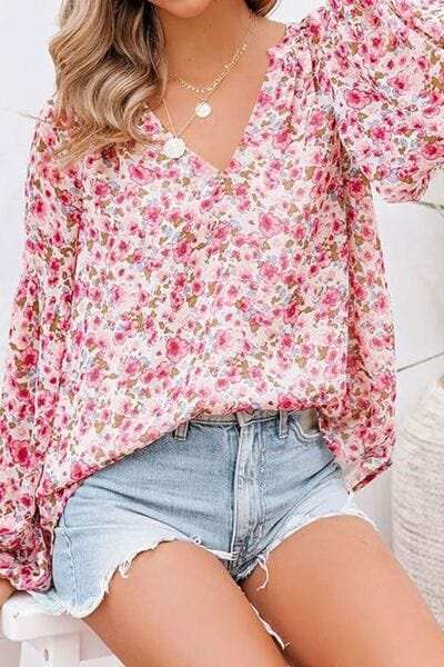 Printed Notched Long Sleeve Blouse - Trendsi - Flyclothing LLC