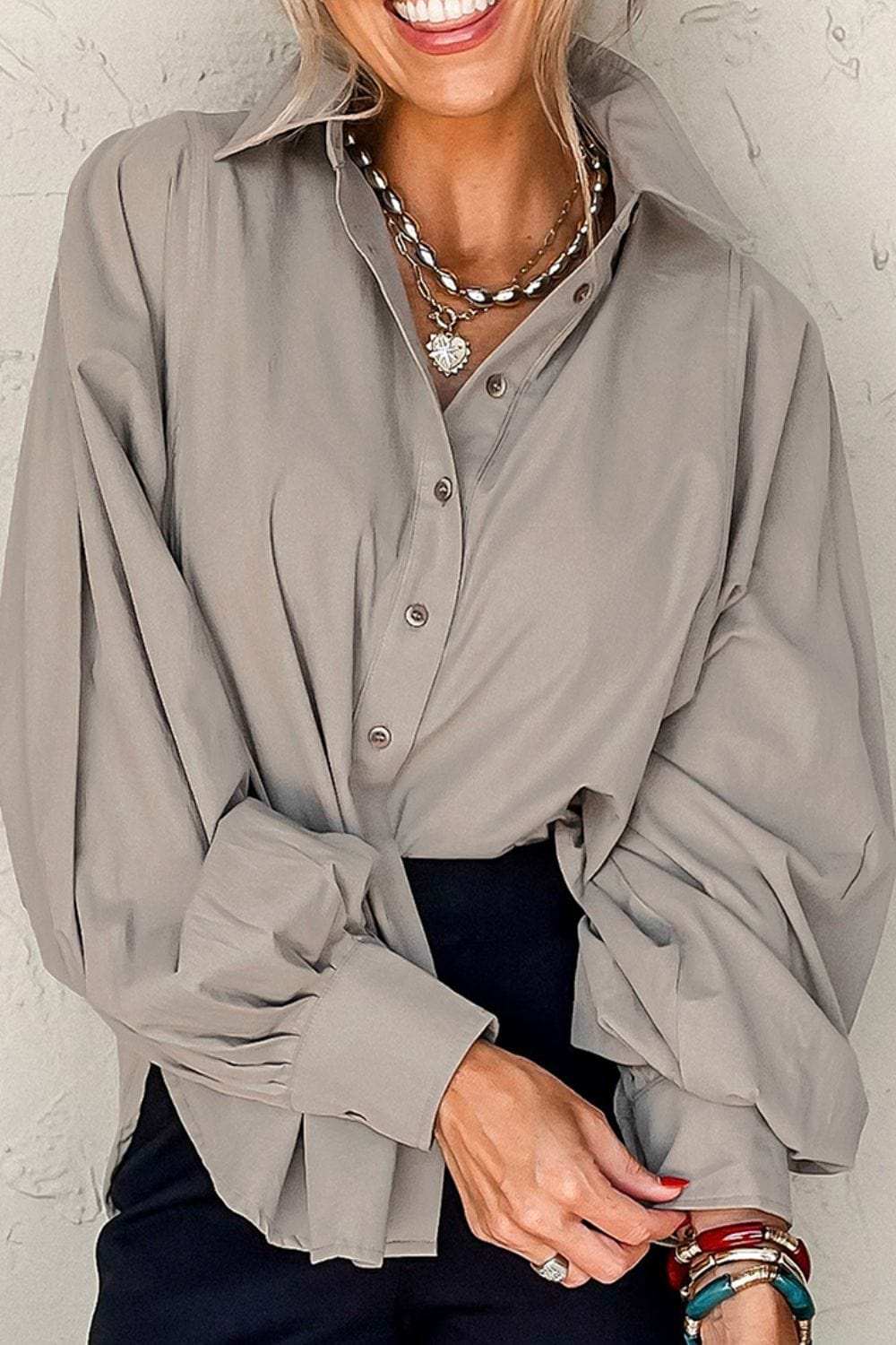 Button Down Collared Neck Long Sleeve Shirt - Trendsi - Flyclothing LLC