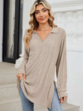 Slit Johnny Collar Long Sleeve T-Shirt - Trendsi - Flyclothing LLC