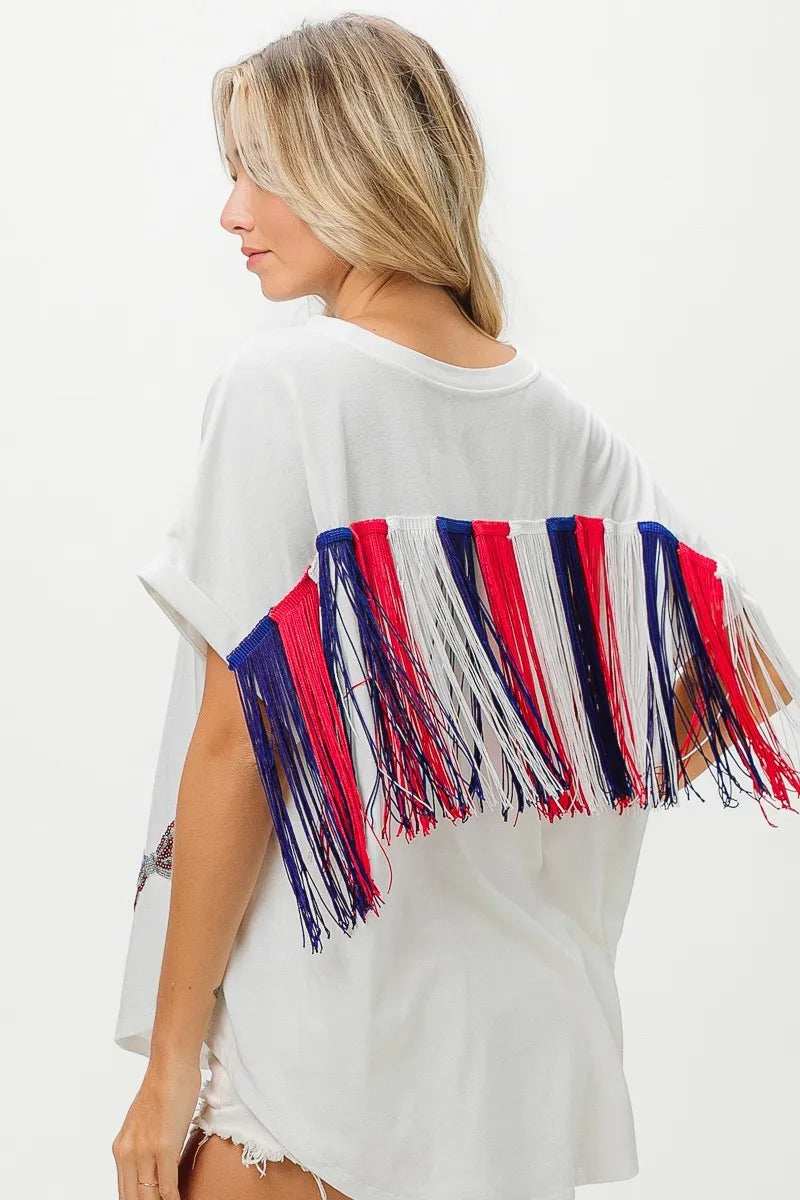BiBi American Flag Sequin Ribbon T-Shirt - Trendsi - Flyclothing LLC