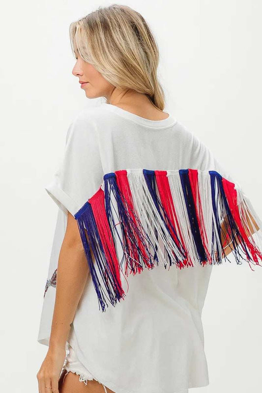 BiBi American Flag Sequin Ribbon T-Shirt - Trendsi - Flyclothing LLC