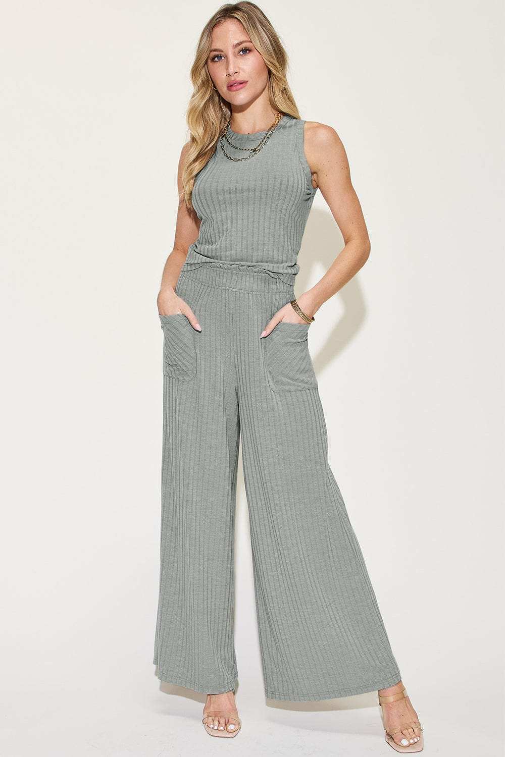 Basic Bae Full Size Ribbed Tank and Wide Leg Pants Set - Trendsi - Flyclothing LLC