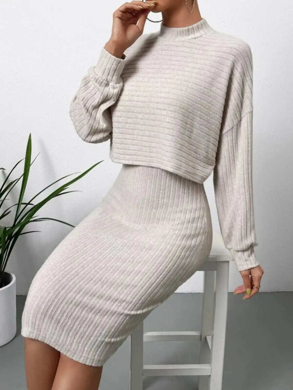 Mock Neck Long Sleeve Top and Wide Strap Dress Set - Trendsi - Flyclothing LLC