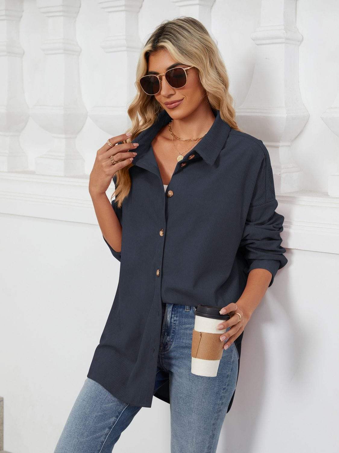Collared Neck Long Sleeve Dropped Shoulder Shirt - Trendsi - Flyclothing LLC